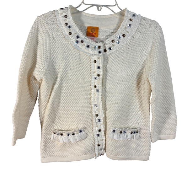 Ruby Rd. Sweaters - Ruby Rd Petite White Embellished Cardigan Ruffle Trim Pearl Crystal PM Sweater